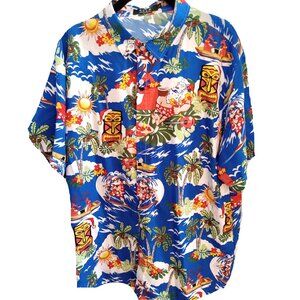 Hawaiian Tropical Christmas Santa Floral button down short sleeve mens shirt L